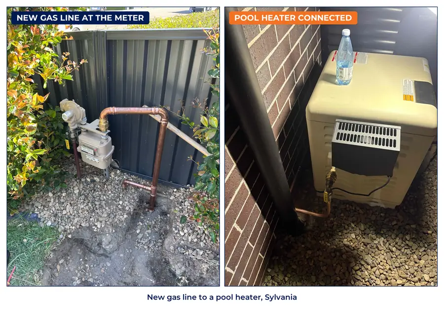 New copper gas line at the meter, and the new gas pool heater it supplies at a Sylvania home