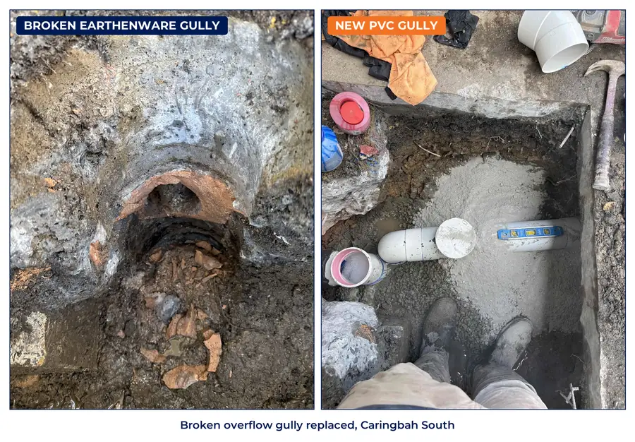 Broken earthenware gully in the ground, and the new PVC gully laid in blue metal at a Caringbah South home