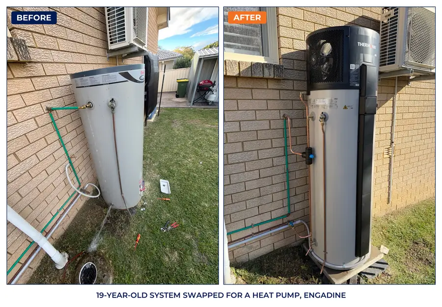 Old electric hot water system beside a brick wall, and the new heat pump hot water system on the same wall in Engadine