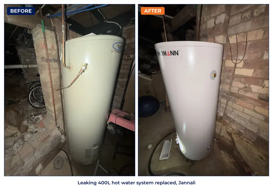 The old leaking hot water system under a Jannali house, and the new Thermann system installed in the same spot