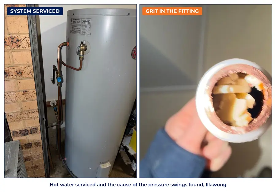A serviced electric hot water system with new valves, and grit found inside a fitting in Illawong