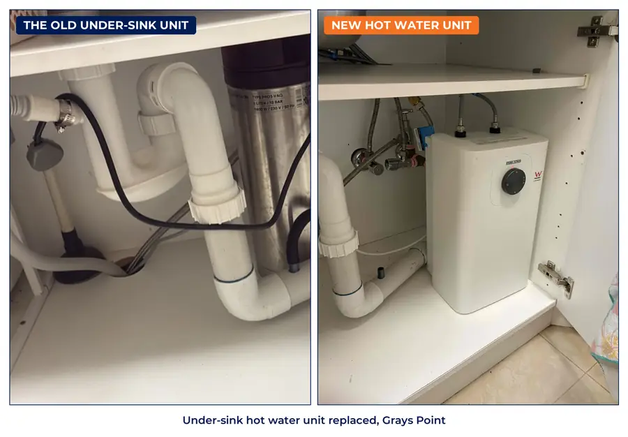 Old water unit under a kitchen sink, and the new 5-litre hot water unit installed at a Grays Point home