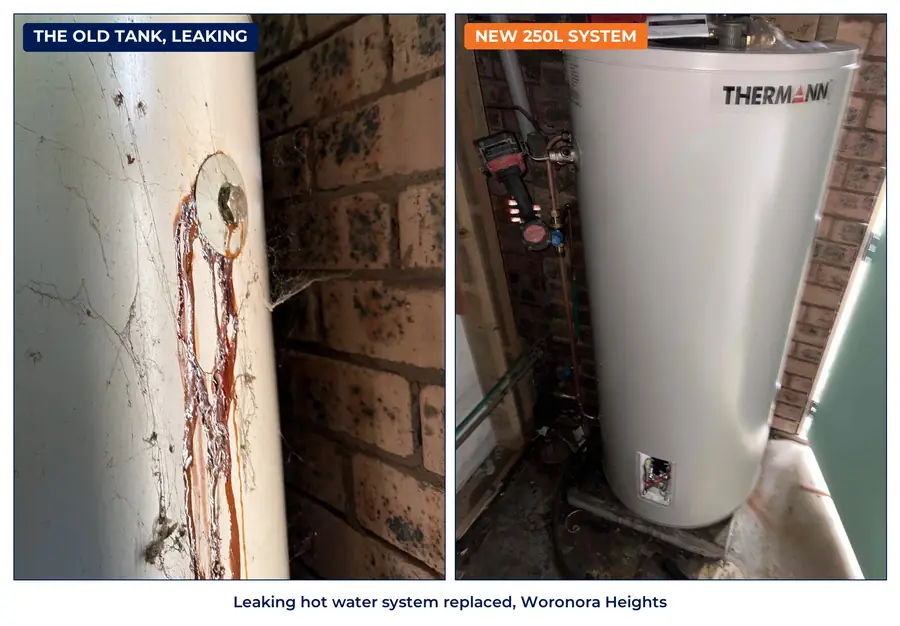 Rust streaks on a leaking hot water tank, and the new 250L electric system installed in Woronora Heights