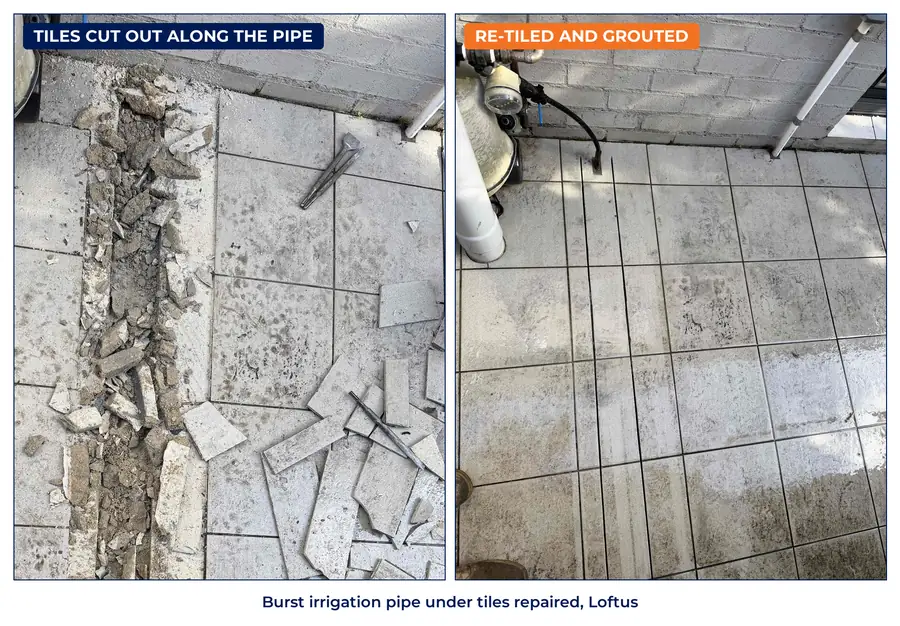 A row of tiles cut out over a burst irrigation pipe, and the same area re-tiled at a Loftus duplex