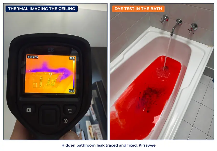Thermal camera showing a damp patch in a ceiling, and red dye in a bath during a leak test at a Kirrawee home