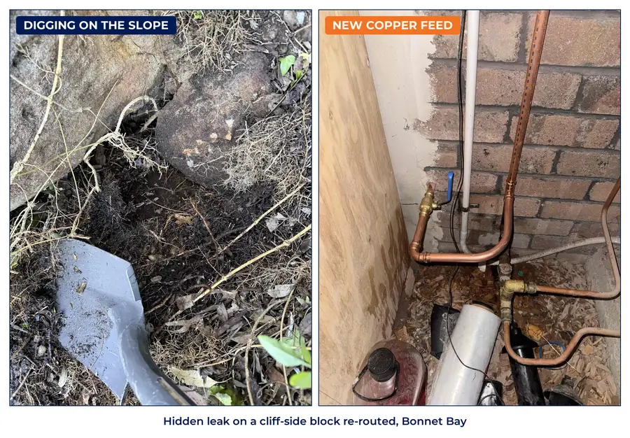 Digging on a sloping block to trace a leak, and new copper water pipe at the house wall in Bonnet Bay