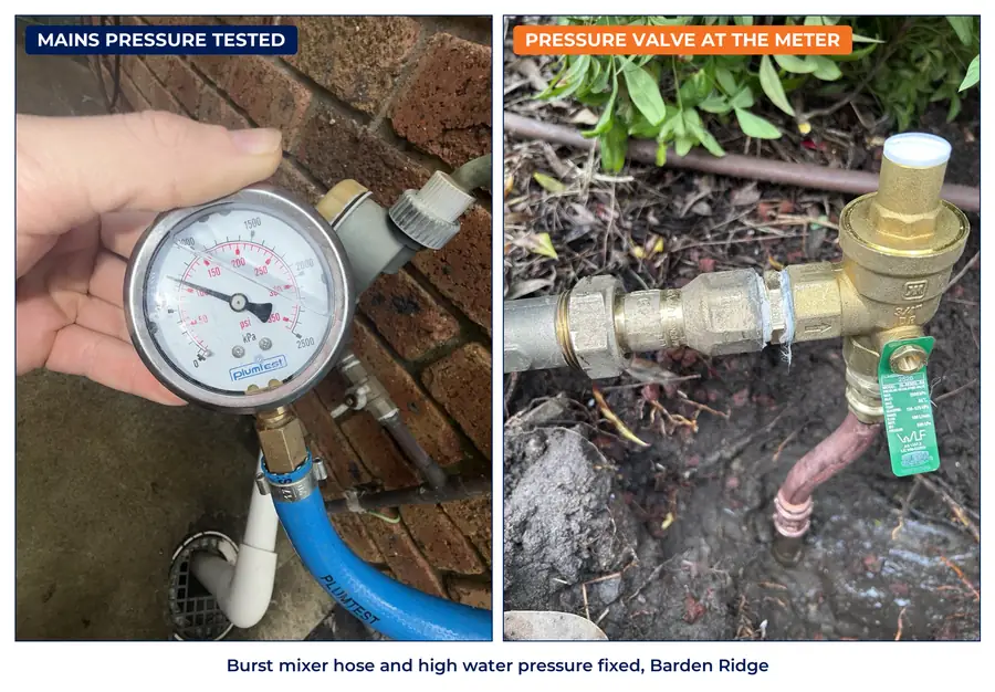 A pressure gauge testing mains pressure at a tap, and a new pressure reduction valve at the water meter in Barden Ridge