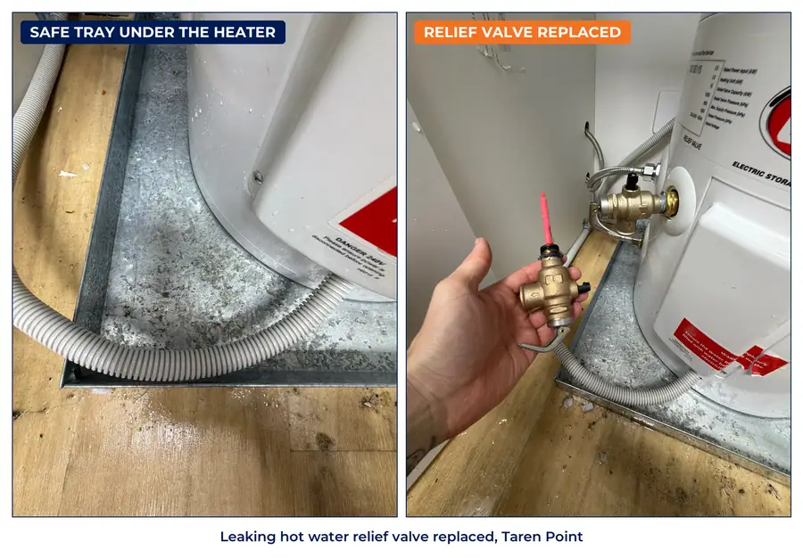 The safe tray under an electric hot water system, and the pressure relief valve being replaced at a Taren Point store