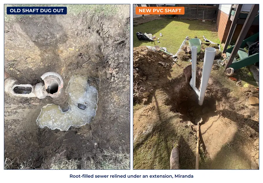 Old terracotta sewer shaft dug out in a Miranda backyard, and the new PVC shaft before backfill