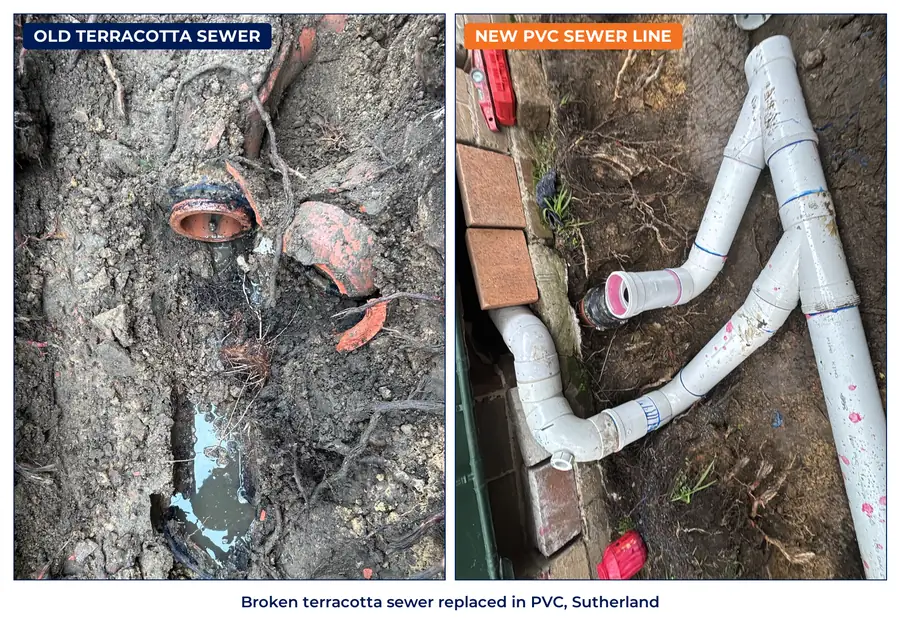 Broken terracotta sewer pipe exposed in a trench, and the new PVC sewer line laid at a Sutherland home