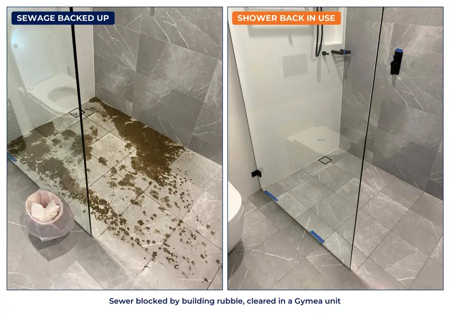 Sewage backed up across a shower floor in a Gymea unit, and the same shower back in use after the sewer was cleared