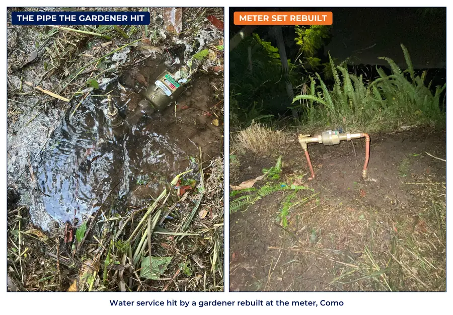 Water pouring from a damaged pipe at a water meter, and the rebuilt meter assembly on new copper in Como
